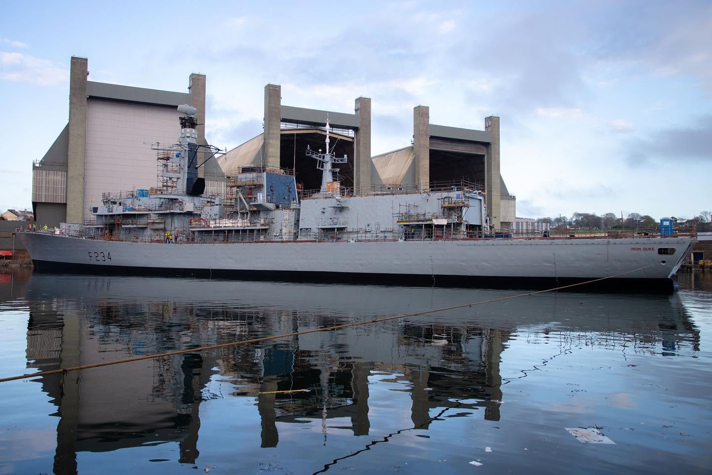 HMS Iron Duke towards the end of a 49-month refit, 2022. The vessel was de facto decommissioned after 16 months of additional operational service (Royal Navy)