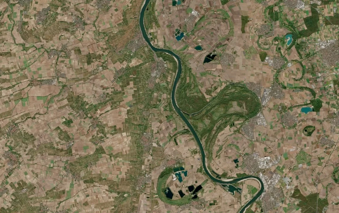 Sandbars on the banks of the Rhine, Oct. 5, 2026 (Sentinel-2 / Copernicus)