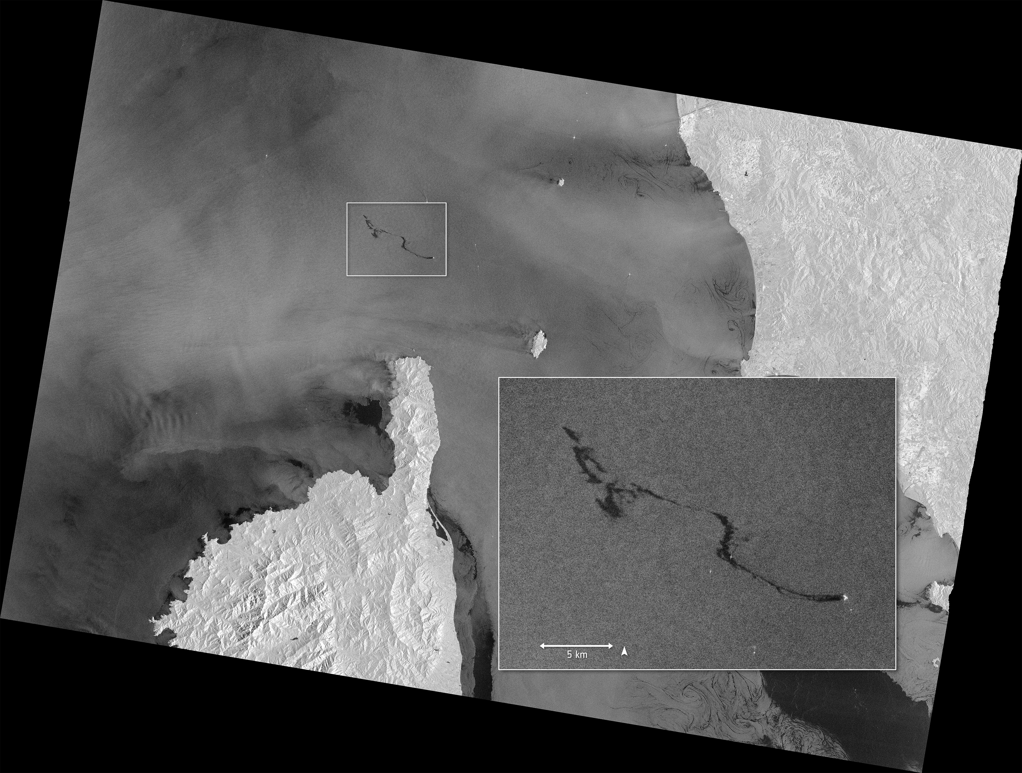 Historical context: Sentinel-1A observation north of Corsica, acquired 8 October 2018 at 05:28 GMT after a ship collision. Other dark areas can be calm water.
